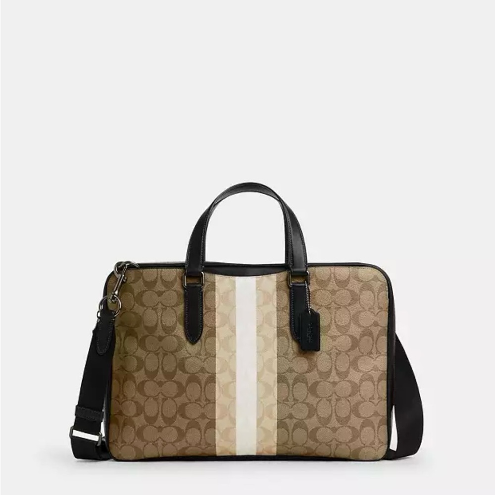 NEW COACH Graham Slim Brief In Blocked Signature Canvas With Varsity Stripe